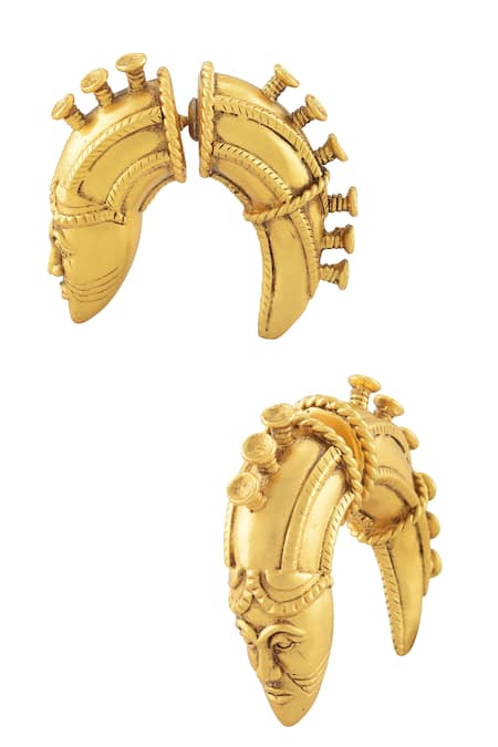 Masaba_Gold Plated Akan Mask Grip Stud Earrings_Online_at_Aza_Fashions
