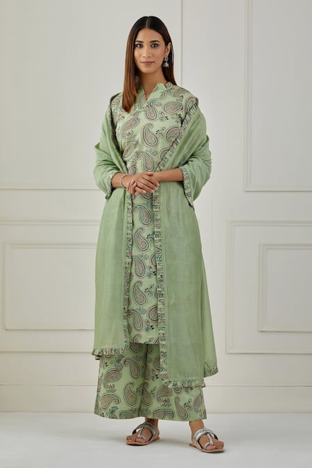 Musal Green 100% Cotton And Chanderi Paisley Print V Neck Huron Kurta Palazzo Set 