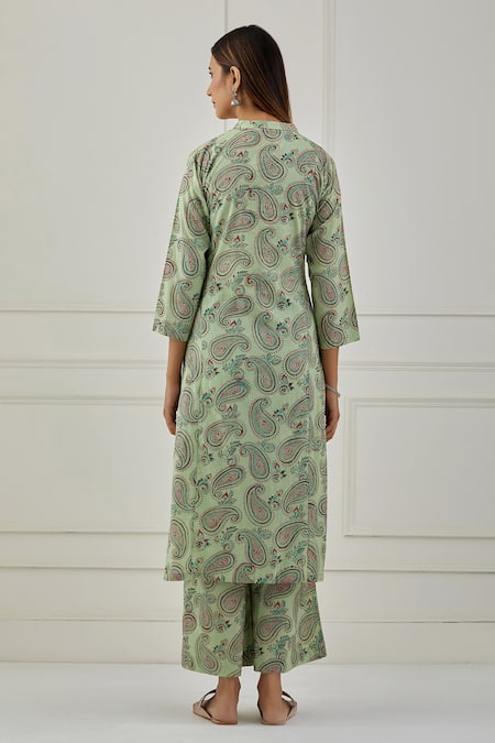Shop Musal Green 100% Cotton And Chanderi Paisley Print V Neck Huron Kurta Palazzo Set at Aza Fashions Shop_Musal_Green 100% Cotton And Chanderi Paisley Print V Neck Huron Kurta Palazzo Set _at_Aza_Fashions