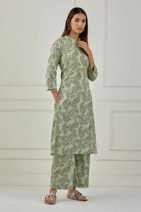 Musal Green 100% Cotton And Chanderi Paisley Print V Neck Huron Kurta Palazzo Set Online at Aza Fashions Musal_Green 100% Cotton And Chanderi Paisley Print V Neck Huron Kurta Palazzo Set _Online_at_Aza_Fashions