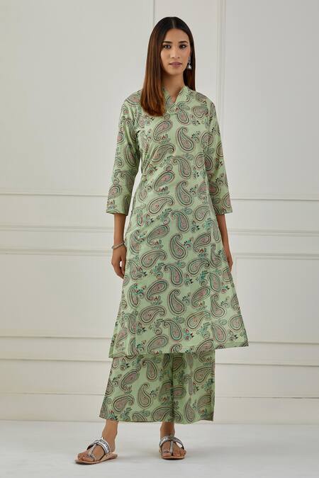 Shop Musal Green 100% Cotton And Chanderi Paisley Print V Neck Huron Kurta Palazzo Set Online at Aza Fashions Shop_Musal_Green 100% Cotton And Chanderi Paisley Print V Neck Huron Kurta Palazzo Set _Online_at_Aza_Fashions