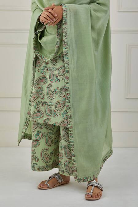 Musal Green 100% Cotton And Chanderi Paisley Print V Neck Huron Kurta Palazzo Set at Aza Fashions Musal_Green 100% Cotton And Chanderi Paisley Print V Neck Huron Kurta Palazzo Set _at_Aza_Fashions