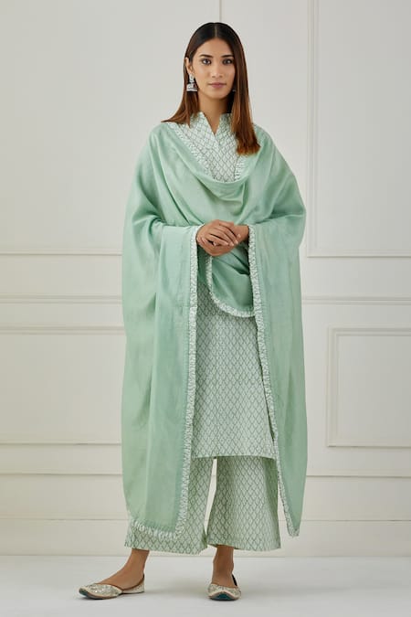Musal Green 100% Cotton And Chanderi Floral Print V Neck Erie Kurta Palazzo Set