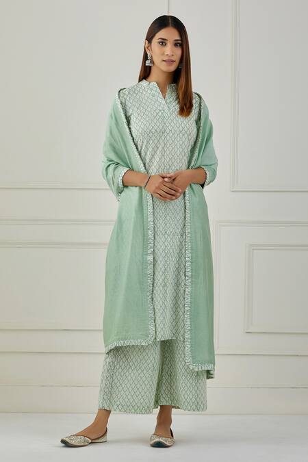 Musal_Green 100% Cotton And Chanderi Floral Print V Neck Erie Kurta Palazzo Set _Online_at_Aza_Fashions