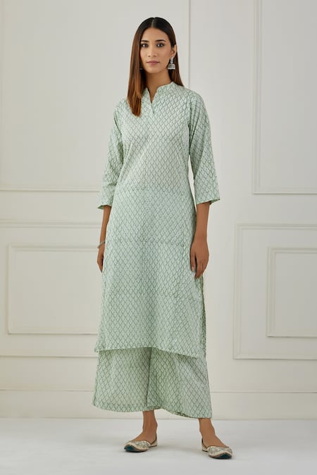 Buy_Musal_Green 100% Cotton And Chanderi Floral Print V Neck Erie Kurta Palazzo Set _Online_at_Aza_Fashions