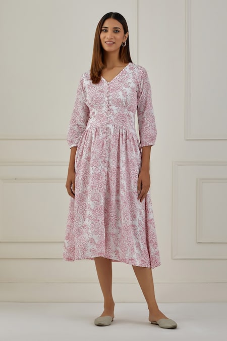 Musal White 100% Cotton Floral Print V Neck Winnipeg Dress 