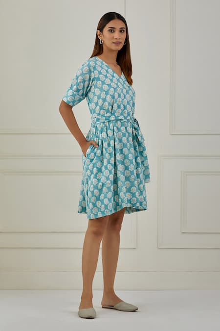Musal_Blue 100% Cotton Floral Print V Neck Issyk Short Dress _Online_at_Aza_Fashions