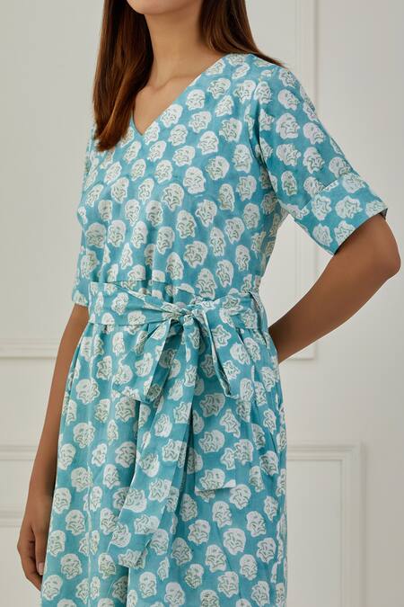 Shop_Musal_Blue 100% Cotton Floral Print V Neck Issyk Short Dress _Online_at_Aza_Fashions