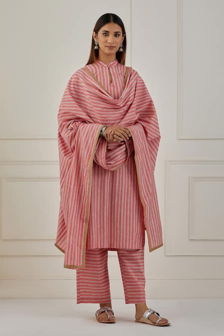 Musal Pink 100% Cotton Striped Band Yajoa Print Kurta Pant Set