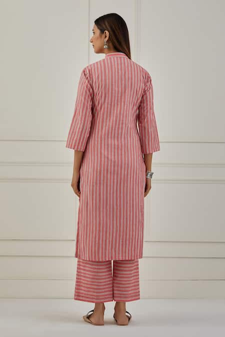 Shop Musal Pink 100% Cotton Striped Band Yajoa Print Kurta Pant Set at Aza Fashions Shop_Musal_Pink 100% Cotton Striped Band Yajoa Print Kurta Pant Set _at_Aza_Fashions
