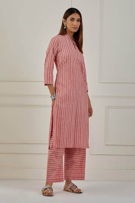 Musal Pink 100% Cotton Striped Band Yajoa Print Kurta Pant Set Online at Aza Fashions Musal_Pink 100% Cotton Striped Band Yajoa Print Kurta Pant Set _Online_at_Aza_Fashions