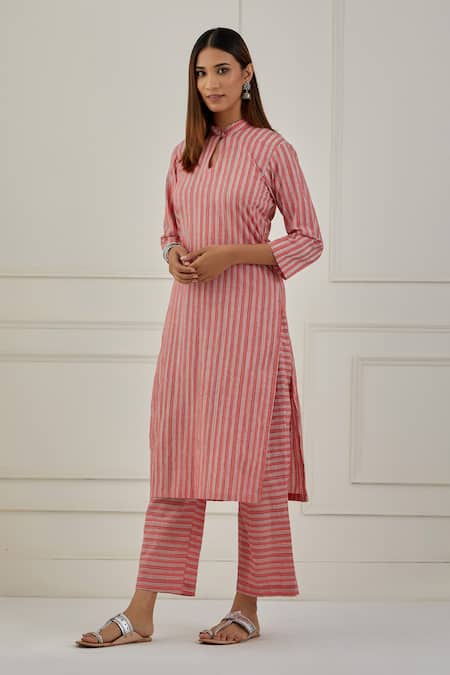 Buy Musal Pink 100% Cotton Striped Band Yajoa Print Kurta Pant Set Online at Aza Fashions Buy_Musal_Pink 100% Cotton Striped Band Yajoa Print Kurta Pant Set _Online_at_Aza_Fashions