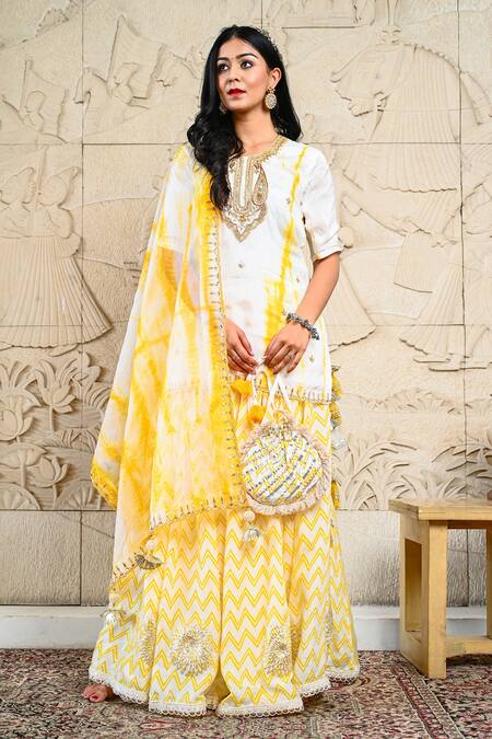 Shop Yuvraani Jaipur Yellow Silk, Organza, Shantoon Zardozi Round Embroidered Kurta Lehenga Set Online at Aza Fashions Shop_Yuvraani Jaipur_Yellow Silk, Organza, Shantoon Zardozi Round Embroidered Kurta Lehenga Set _Online_at_Aza_Fashions