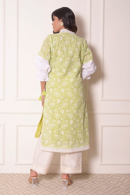 Shop_Surabhi Arya_Green Chanderi, Kota Doriya Lace , Thread Embroidered Kurta And Pant Set _at_Aza_Fashions