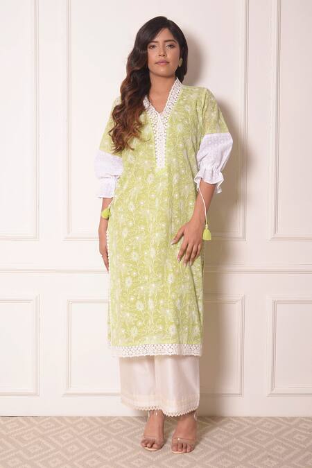 Surabhi Arya_Green Chanderi, Kota Doriya Lace , Thread Embroidered Kurta And Pant Set _Online_at_Aza_Fashions