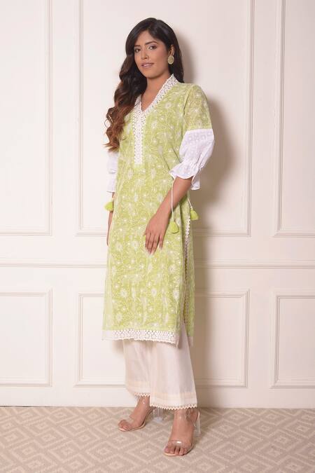 Buy_Surabhi Arya_Green Chanderi, Kota Doriya Lace , Thread Embroidered Kurta And Pant Set _Online_at_Aza_Fashions
