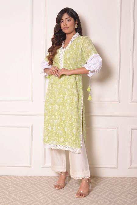Shop_Surabhi Arya_Green Chanderi, Kota Doriya Lace , Thread Embroidered Kurta And Pant Set _Online_at_Aza_Fashions