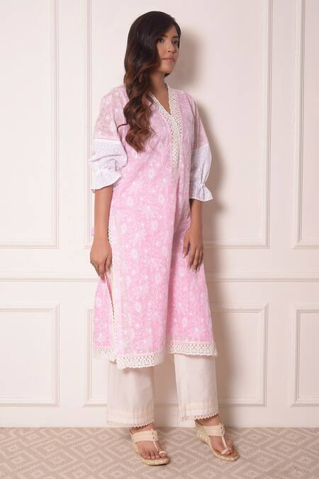 Surabhi Arya_Pink Chanderi, Kota Doriya Lace , Thread V Embroidered Kurta And Pant Set_Online_at_Aza_Fashions