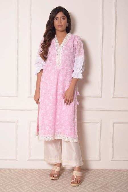 Buy_Surabhi Arya_Pink Chanderi, Kota Doriya Lace , Thread V Embroidered Kurta And Pant Set_Online_at_Aza_Fashions