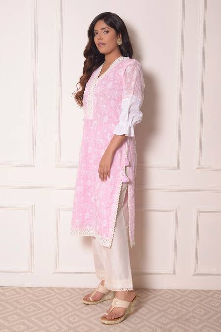 Shop_Surabhi Arya_Pink Chanderi, Kota Doriya Lace , Thread V Embroidered Kurta And Pant Set_Online_at_Aza_Fashions