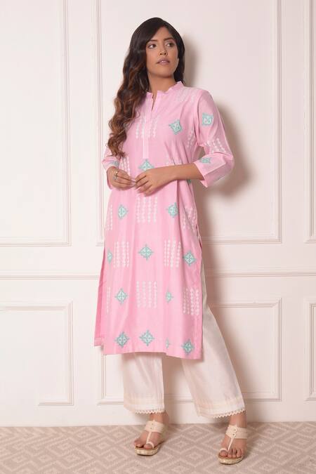 Surabhi Arya_Pink Chanderi Geometric Applique Work Band Collar Kurta And Pant Set _Online_at_Aza_Fashions