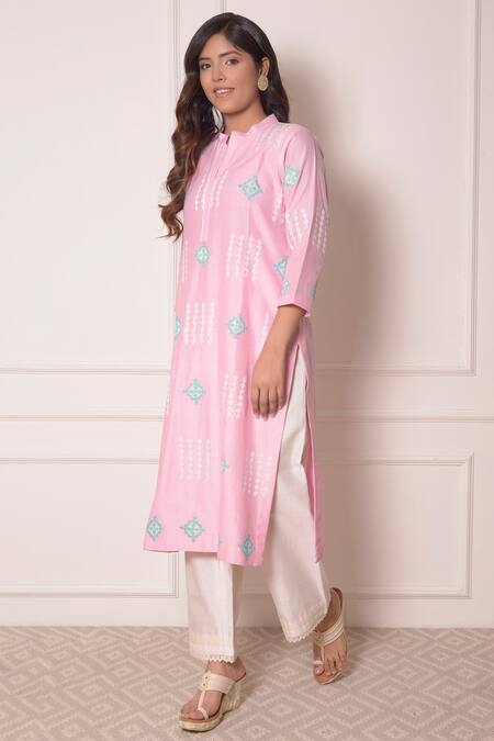 Buy_Surabhi Arya_Pink Chanderi Geometric Applique Work Band Collar Kurta And Pant Set _Online_at_Aza_Fashions