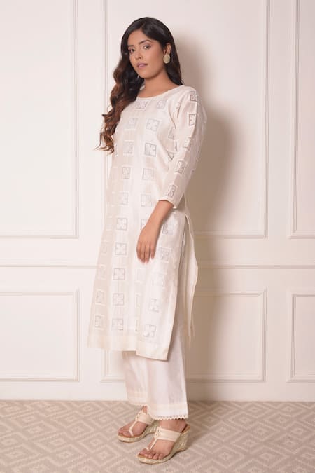 Shop_Surabhi Arya_White Organza, Chanderi Thread , Applique Geometric Kurta And Pant Set_Online_at_Aza_Fashions