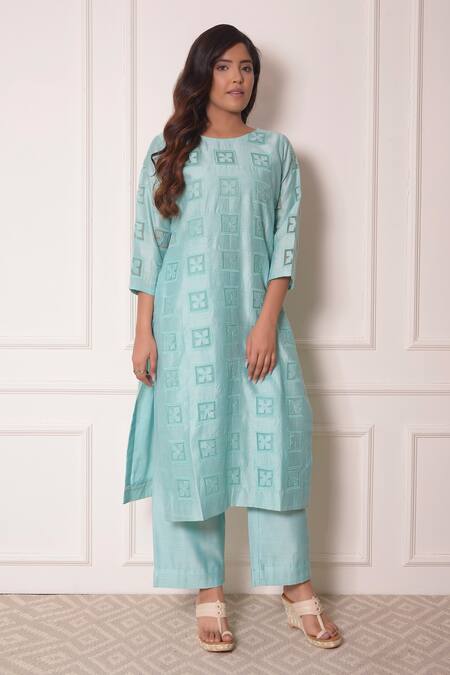 Buy_Surabhi Arya_Blue Organza, Chanderi Thread , Applique Geometric Kurta And Pant Set_Online_at_Aza_Fashions