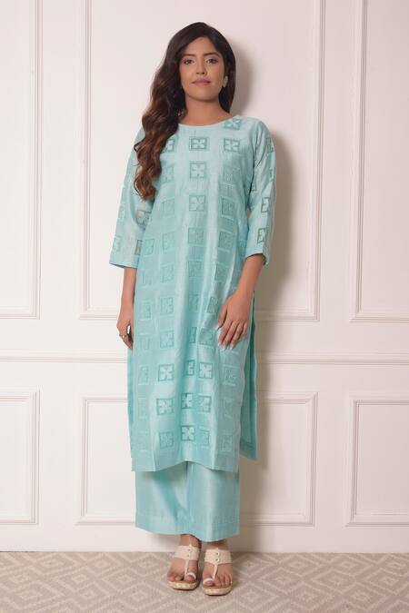 Shop_Surabhi Arya_Blue Organza, Chanderi Thread , Applique Geometric Kurta And Pant Set_Online_at_Aza_Fashions