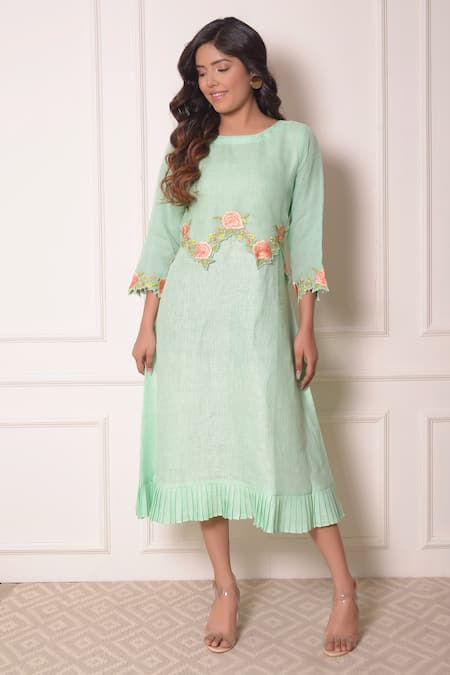 Buy_Surabhi Arya_Green Organza, Linen Thread Work Round Embroidered Tunic_Online_at_Aza_Fashions