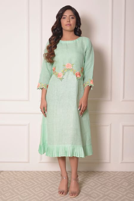 Shop_Surabhi Arya_Green Organza, Linen Thread Work Round Embroidered Tunic_Online_at_Aza_Fashions