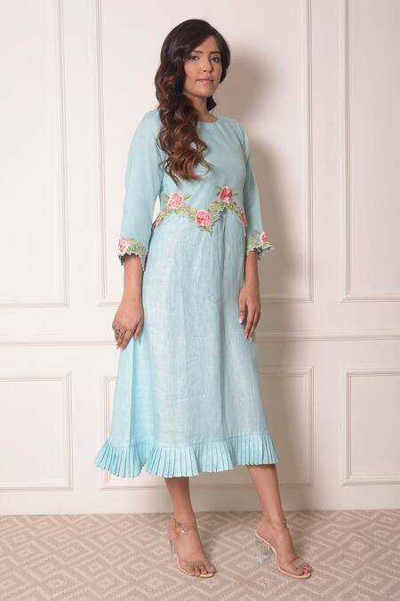 Surabhi Arya_Blue Organza, Linen Thread Work Round Embroidered Tunic_Online_at_Aza_Fashions