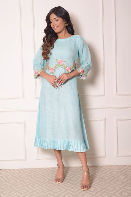 Buy_Surabhi Arya_Blue Organza, Linen Thread Work Round Embroidered Tunic_Online_at_Aza_Fashions