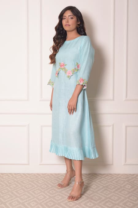 Shop_Surabhi Arya_Blue Organza, Linen Thread Work Round Embroidered Tunic_Online_at_Aza_Fashions
