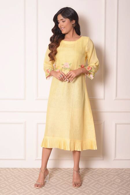 Buy_Surabhi Arya_Yellow Organza, Linen Thread Work Round Embroidered Tunic _Online_at_Aza_Fashions