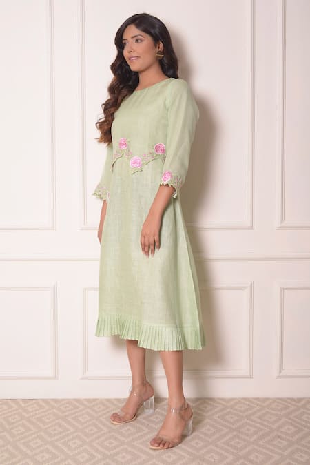 Shop_Surabhi Arya_Green Organza, Linen Thread Work Round Embroidered Tunic_Online_at_Aza_Fashions