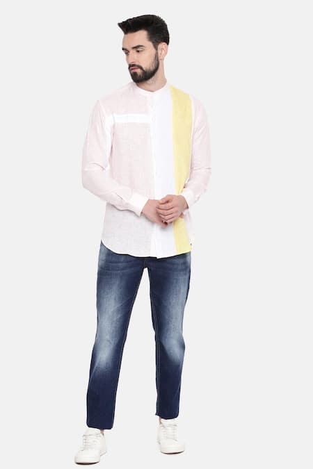 Mayank Modi - Men White 100% Linen Plain Colorblock Shirt 