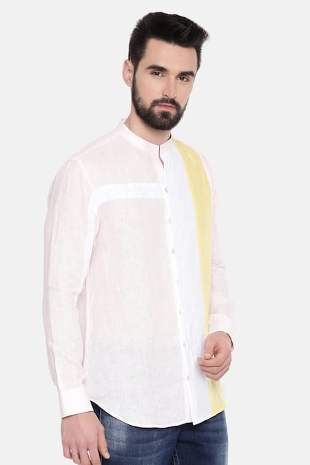 Mayank Modi - Men_White Linen Colorblock Shirt For Kids_Online_at_Aza_Fashions