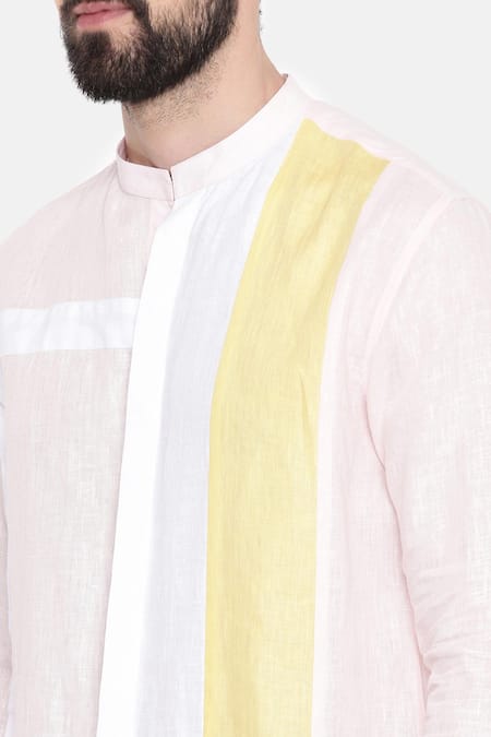 Mayank Modi - Men_White Linen Colorblock Shirt For Kids_at_Aza_Fashions