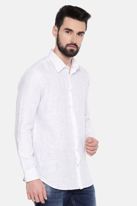Mayank Modi - Men_White 100% Linen Striped Pattern Shirt_Online_at_Aza_Fashions