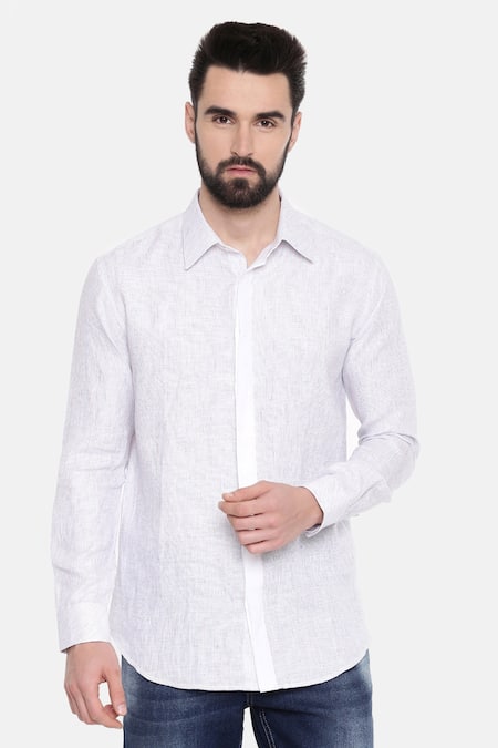 Buy_Mayank Modi - Men_White 100% Linen Striped Pattern Shirt_Online_at_Aza_Fashions