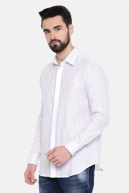 Shop_Mayank Modi - Men_White 100% Linen Striped Pattern Shirt_Online_at_Aza_Fashions