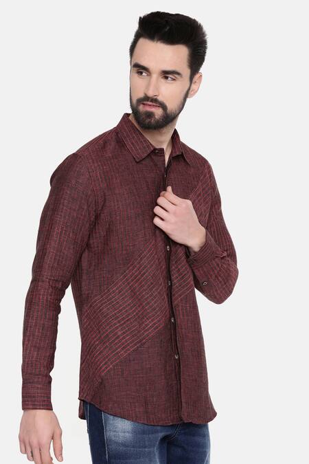Mayank Modi - Men_Maroon 100% Linen Striped Pattern Shirt _Online_at_Aza_Fashions