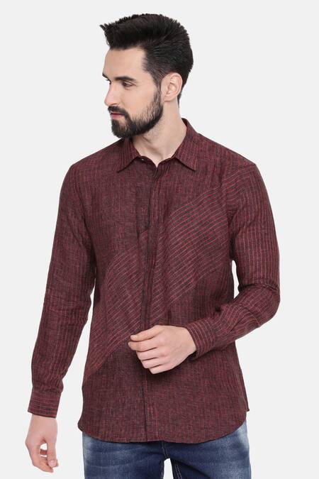 Buy_Mayank Modi - Men_Maroon 100% Linen Striped Pattern Shirt _Online_at_Aza_Fashions