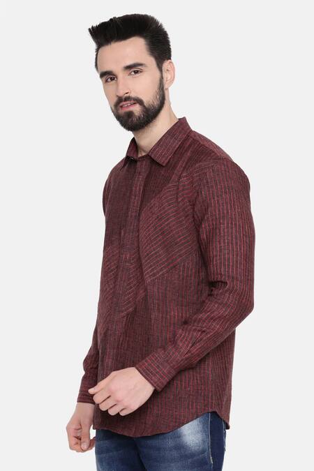 Shop_Mayank Modi - Men_Maroon 100% Linen Striped Pattern Shirt _Online_at_Aza_Fashions