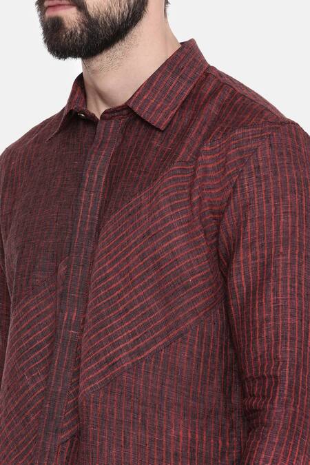Mayank Modi - Men_Maroon 100% Linen Striped Pattern Shirt _at_Aza_Fashions