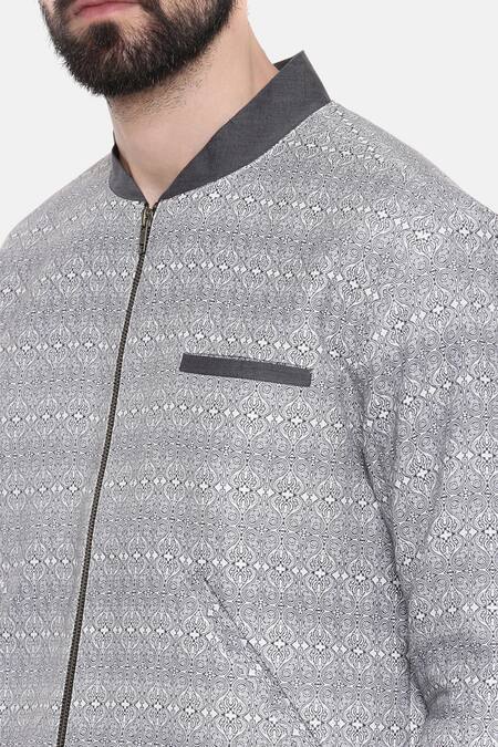 Mayank Modi - Men Grey 100% Linen Floral Print Jacket at Aza Fashions Mayank Modi - Men_Grey 100% Linen Floral Print Jacket _at_Aza_Fashions