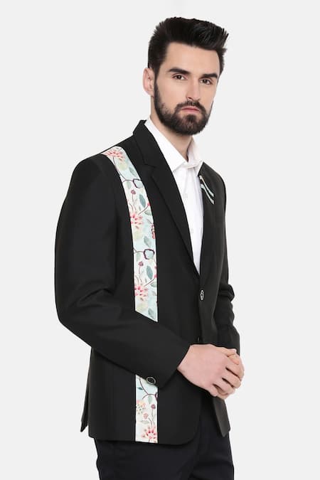 Mayank Modi - Men_Black Cotton, Muslin Embroidery Floral Print Blazer For Kids_Online_at_Aza_Fashions