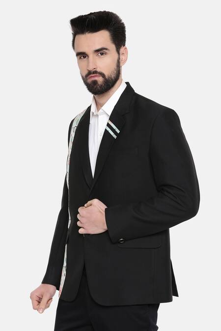 Shop_Mayank Modi - Men_Black Cotton, Muslin Embroidery Floral Print Blazer For Kids_Online_at_Aza_Fashions