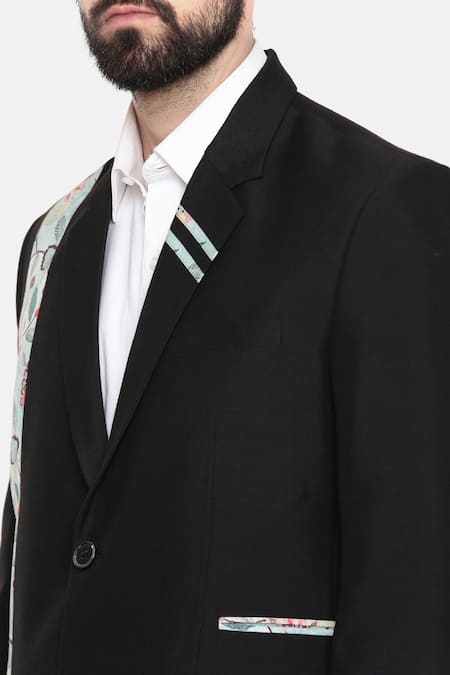 Mayank Modi - Men_Black Cotton, Muslin Embroidery Floral Print Blazer For Kids_at_Aza_Fashions